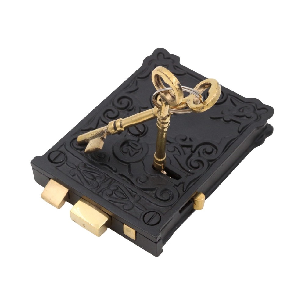 Rectangular Rim Lock Cast Iron Victorian Box Decorative w White Porcelain Knobs