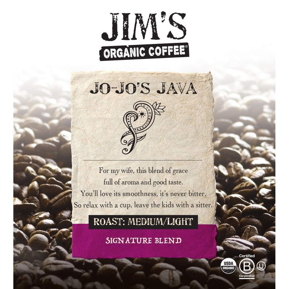 Jim’s Organic Coffee – Jo-Jo’s Java Blend – Medium/Light Roast, Ground Coffee,