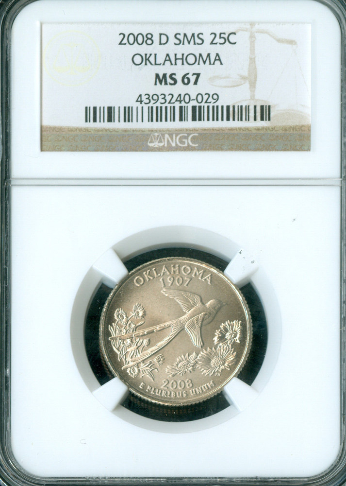 2008 D OKLAHOMA QUARTER NGC MS67 SMS