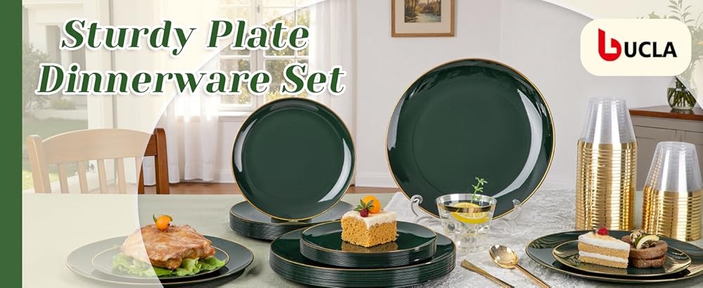 Green Plastic Plates - Green and Gold Disposable Include 25 Each