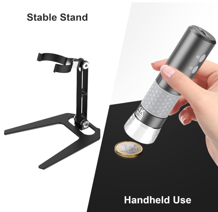 WiFi USB Microscope 50–1000x 4K, 8 LEDs, Stand, for iOS Android Mac Win Linux