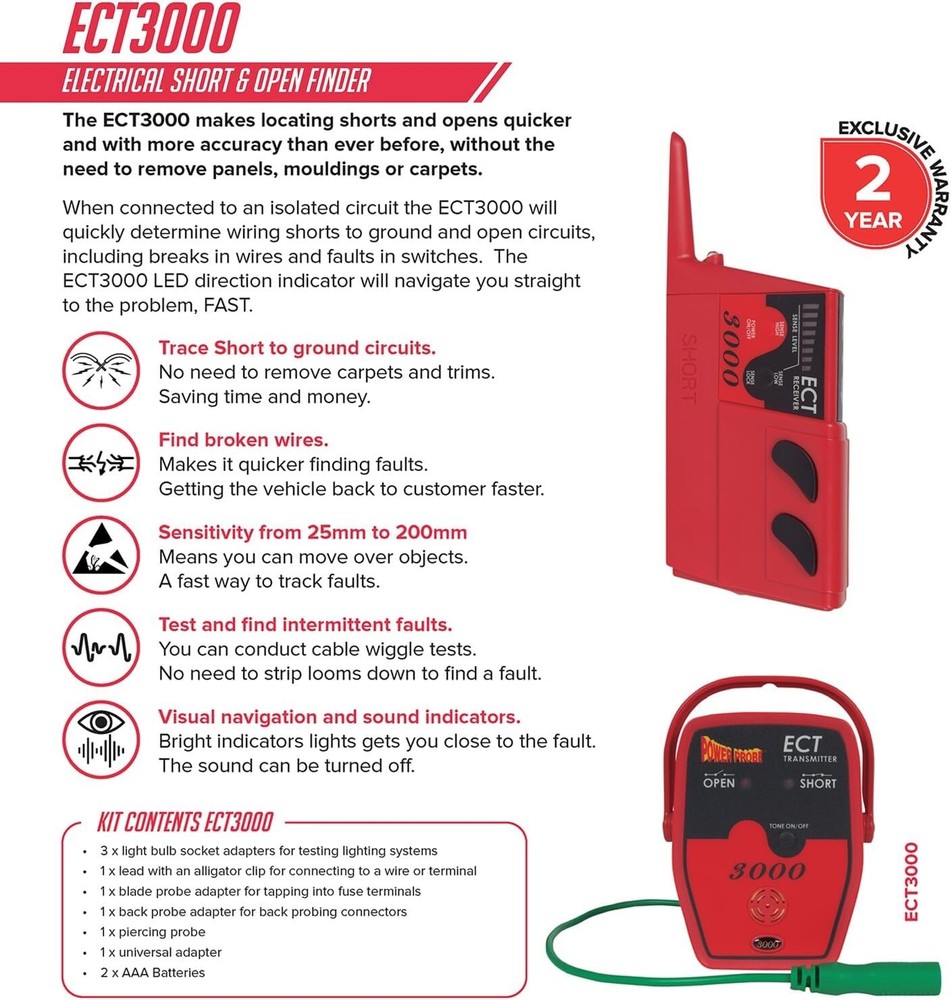 Power Probe PPECT3000B Circuit Tracer & Electronic Tester - Red, Compact Design