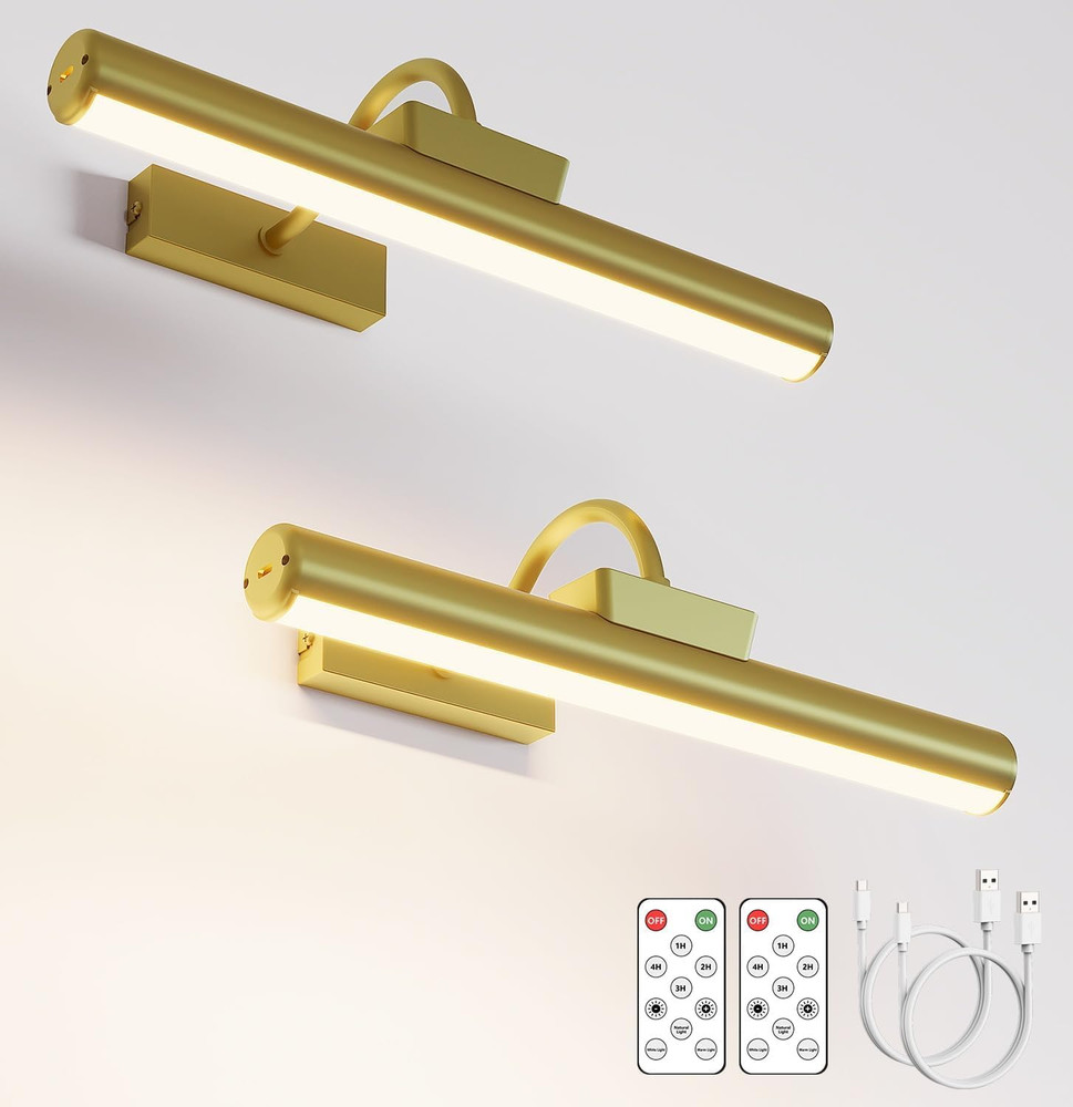 Dimmable Battery Operated Picture Light - 2 Pack Gold, Remote Control