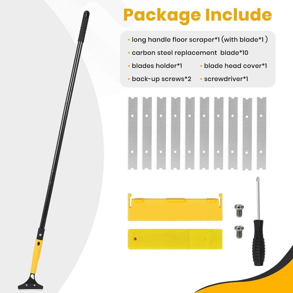 Heavy Duty Floor Scraper with 44.5” long handle, 4” Scraper Tool with 10 Rep