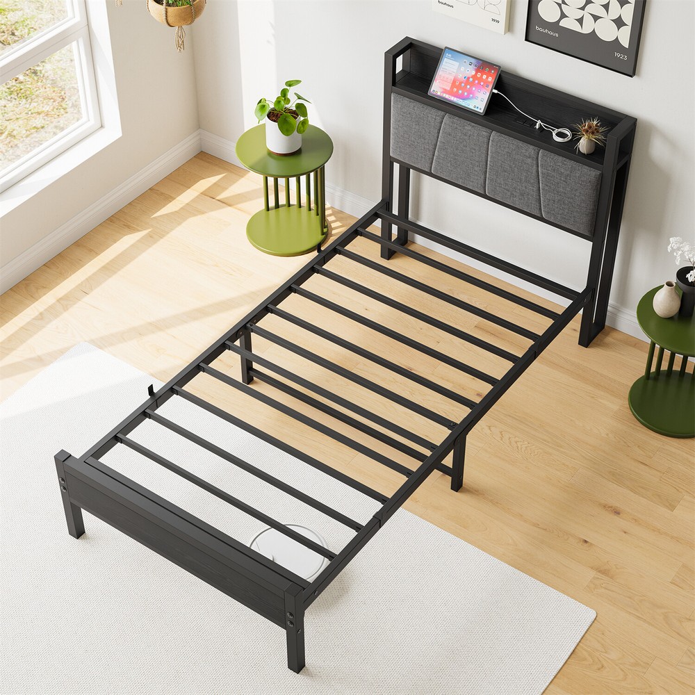 Twin/Full Size Bed Frame Metal Platform Bed Frame w/ Storage Headboard Black