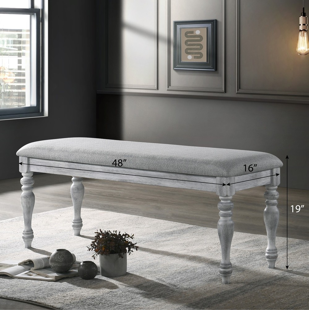 Upholstered Turned Leg Dining Bench in Rustic White, Farmhouse Kitchen Stool
