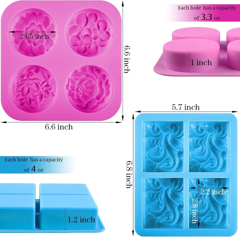 2 Pack Silicone Soap Molds, 4 Cavities Rectangle Wave and Round Flower Silico...