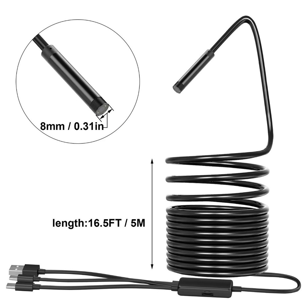 Endoscope Camera with Light for iPhone and Android, 16.5ft Semi-Rigid Snake