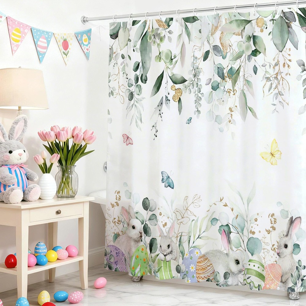 Spring Easter Shower Curtain for Bathroom Happy Easter Bunny Green Eucalyptus Sh