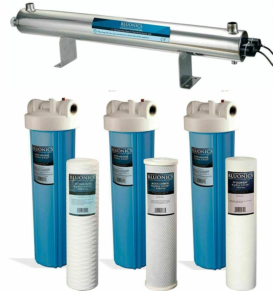 110W UV Well Water Filter System 4.5"x20" Sediment & Carbon Whole House BLUONICS