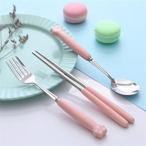 Cute Silverware Set, Cat Paw Ceramic Handle FORK SPOON WITH CASE Black