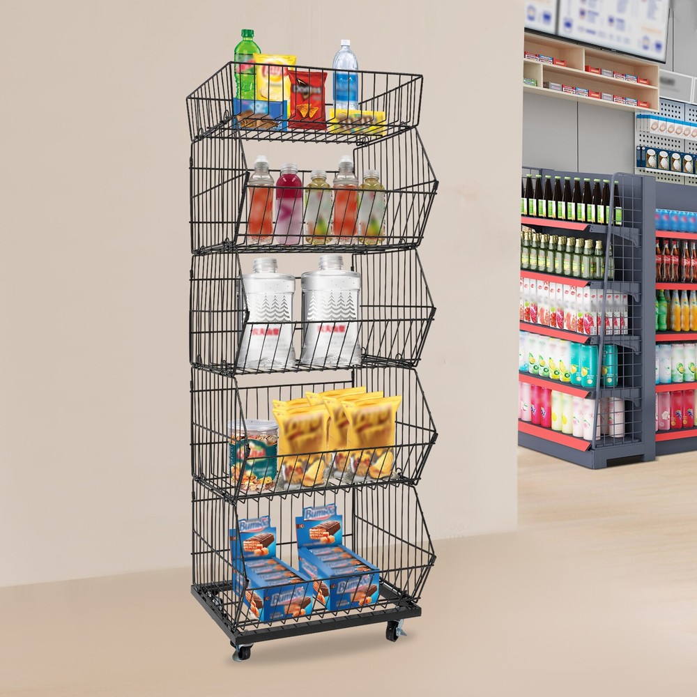 5 Tier Wire Grid Retail Display Shelf Merchandise Display Rack Stand W/ Wheels