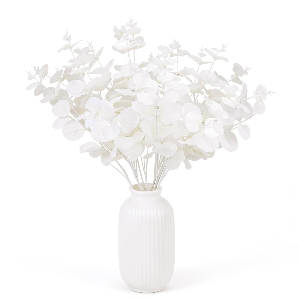 GREENTIME 2 Pack White Eucalyptus Stems with 20 Branches 18.5'' Artificial Fl...
