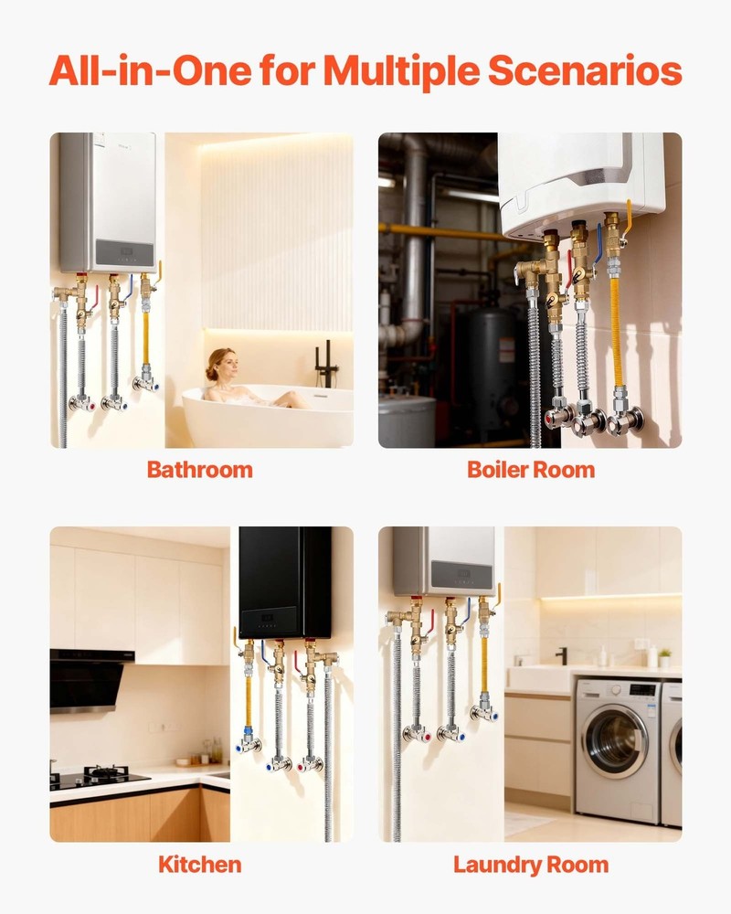 Water Heater Kit for Tankless Units: 3/4" Isolation Valves, Relief, Gas Hose