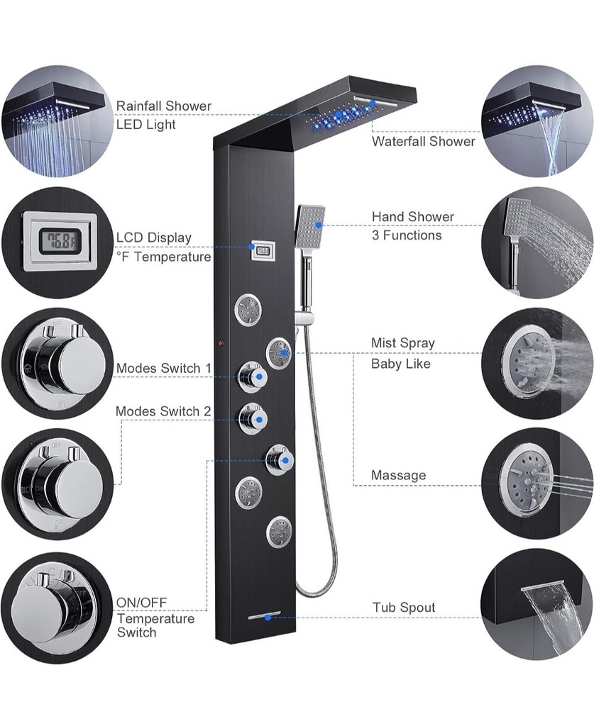 Shower Panel Tower led Black / Chrome 4 Jet, Rainfall, Handheld, 6 Function