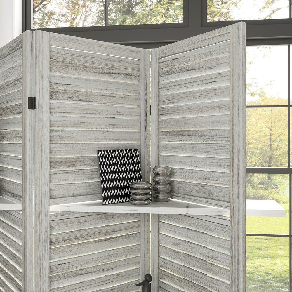 4 Panel Privacy Screen, Room Divider with 3 Shelves Distressed White
