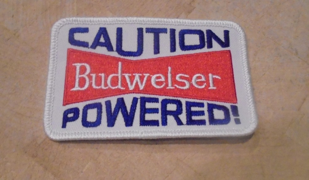 CAUTION BUDWEISER POWERED! IRON ON PATCH  4 BY 2.5"