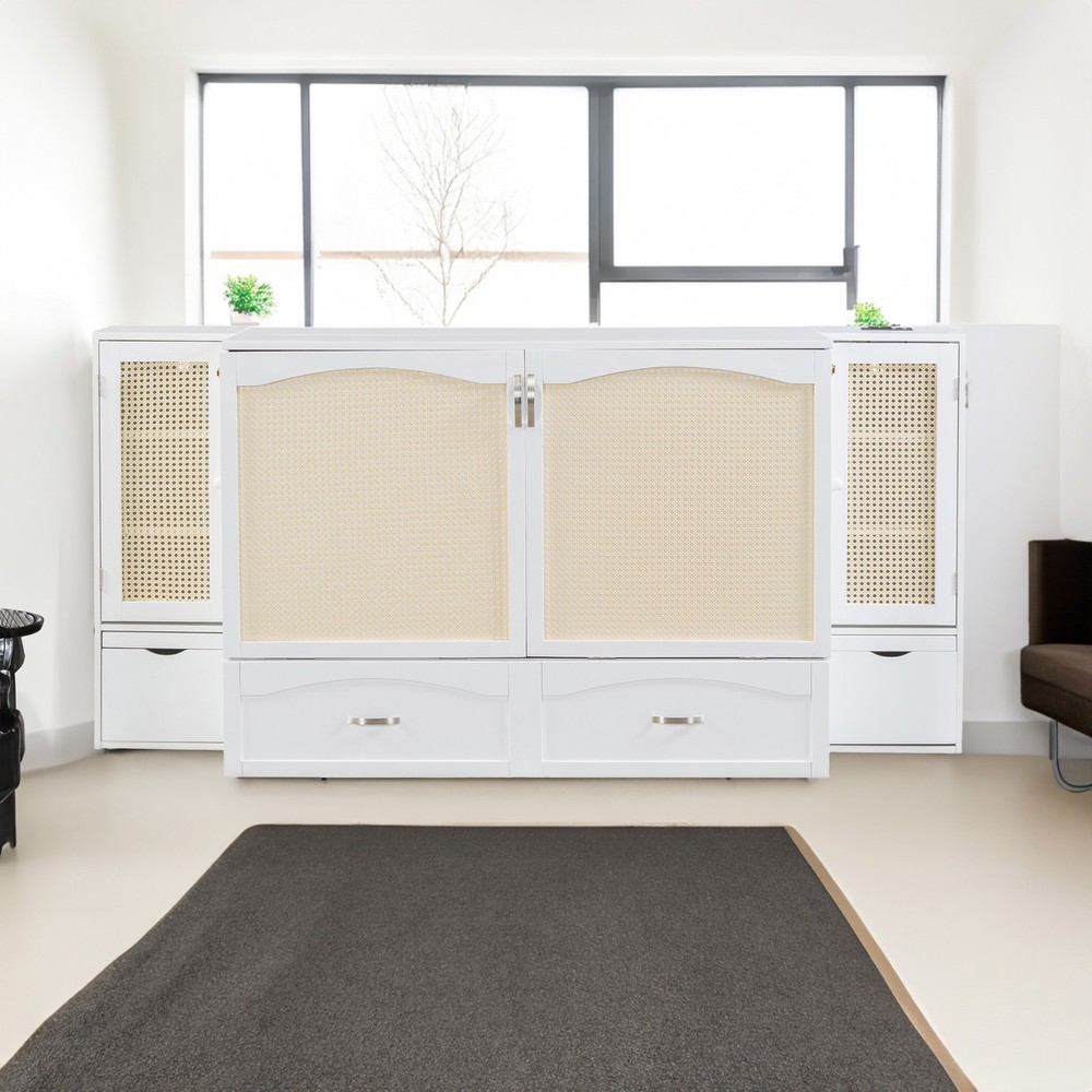 Large Wall-Mounted Murphy Bed – White with Drawers, 2 Storage Cabinets, Sockets