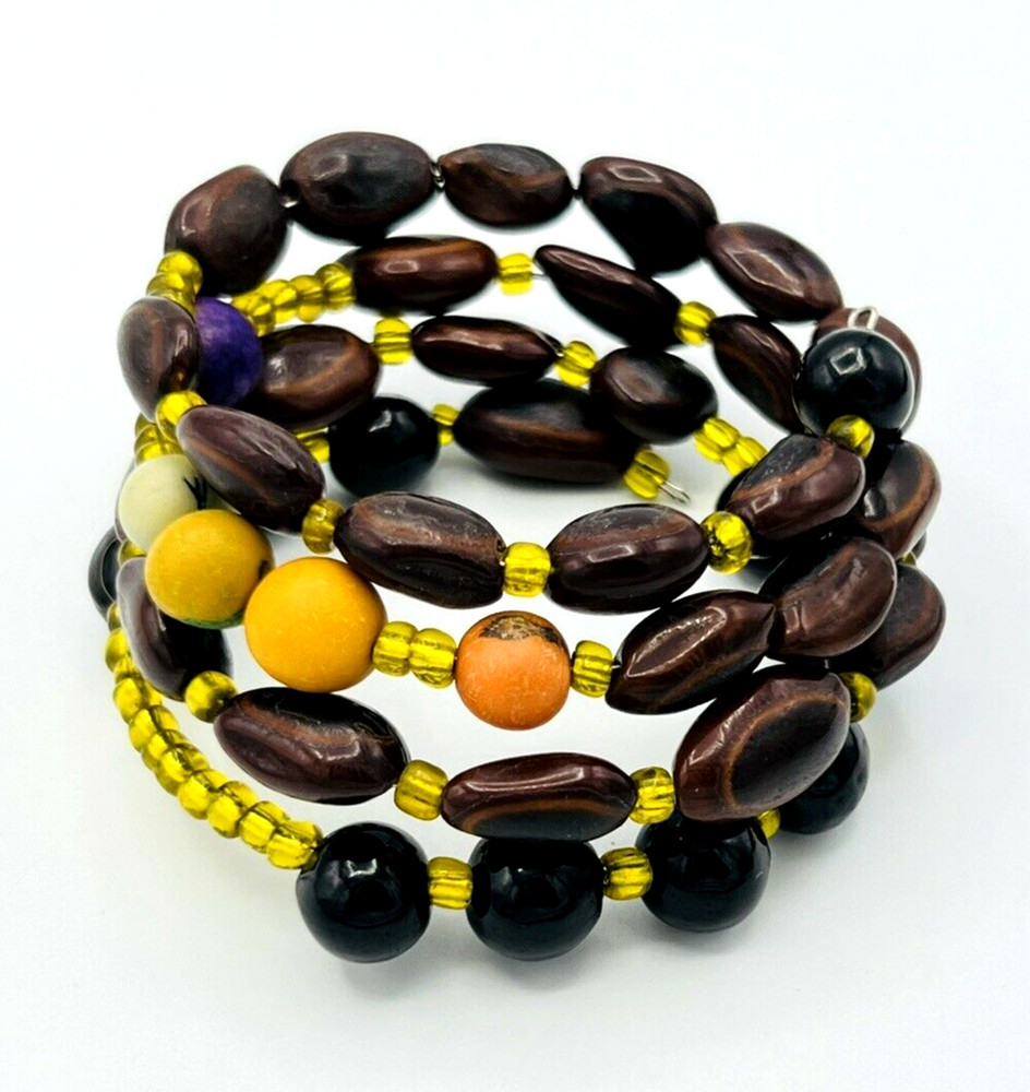 Artisan Nut Beads Memory Wire Wrap BOHO Bracelet