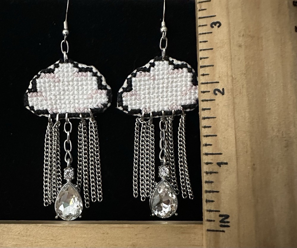 Embroidered Rain Cloud Chain & Teardrop Crystal Dangle Drop Hook Earrings