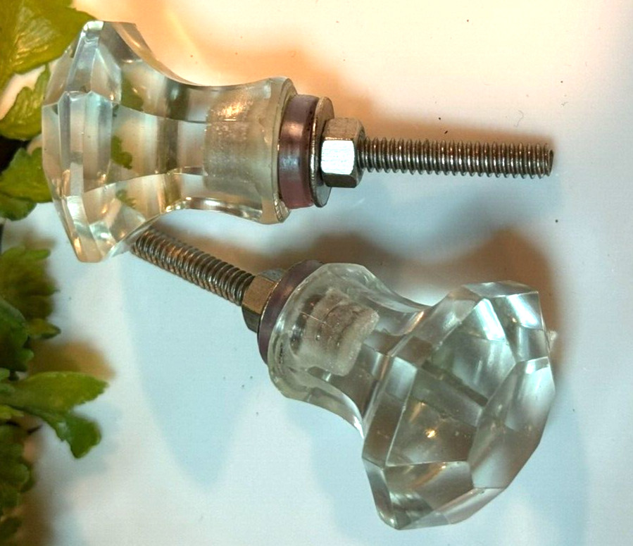 4; Glass Cabinet Knobs Clear Glass Drawer Pulls Depression Era Style w/Hardware