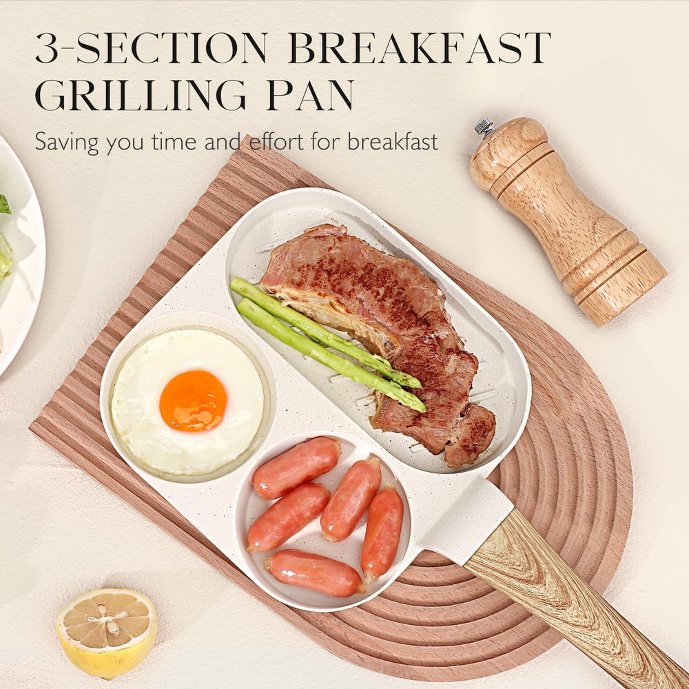 GiPP Ceramic Non Stick Egg Pan, 3-In-1 Divided Breakfast 3-Section White