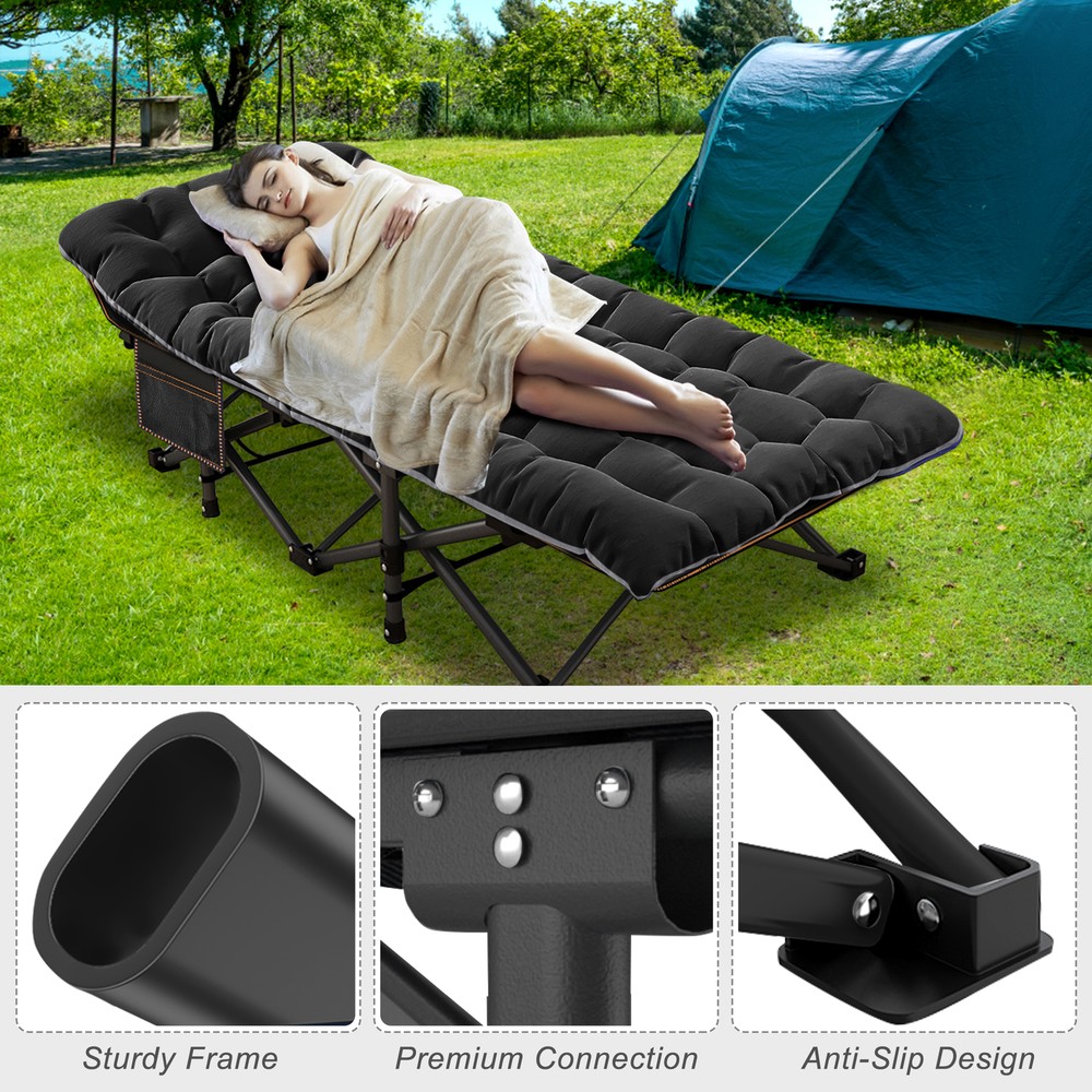 NAIZEA Extra-Wide Folding Camping Cot, Quiet Sleeping Cot With Side Pocket XXL
