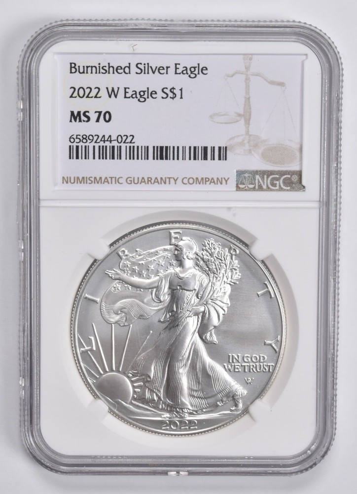 2022-W BURNISHED SILVER EAGLE MS70 NGC CLASSIC BROWN LABEL