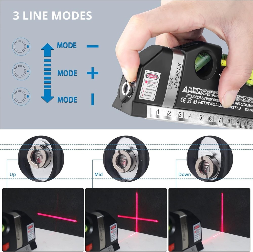 Precision Laser Level Multi Tool with 8ft Measuring Tape for DIY Projects