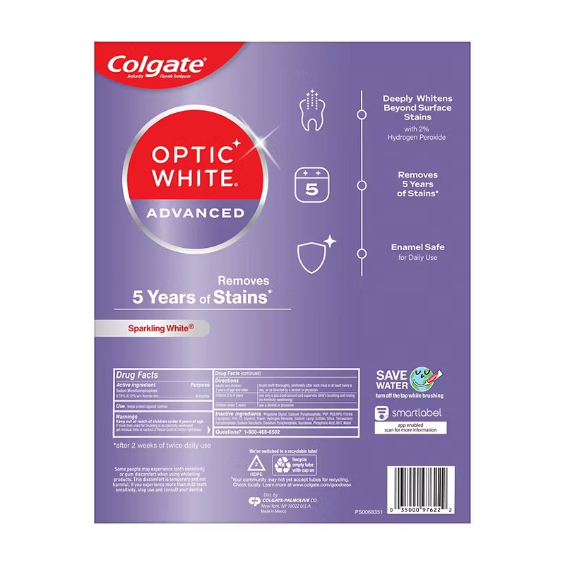 Colgate Optic White Advanced Hydrogen Peroxide Toothpaste 4.2 oz 5 Pack