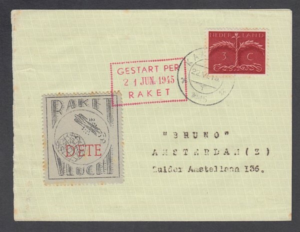 NETHERLANDS 1945 ROCKET FLIGHT LABEL COVER (ID:QW012)