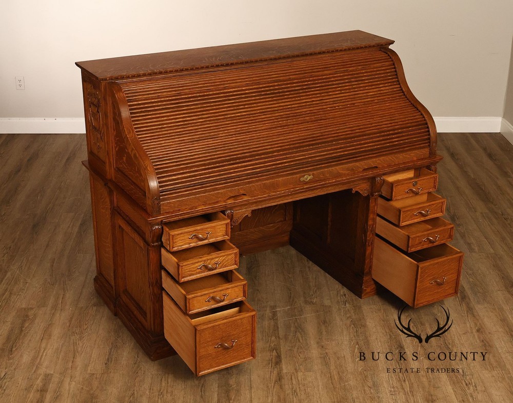 Oak Roll Top Desk With Carved 'Reading Hardware Co." Crest Panel