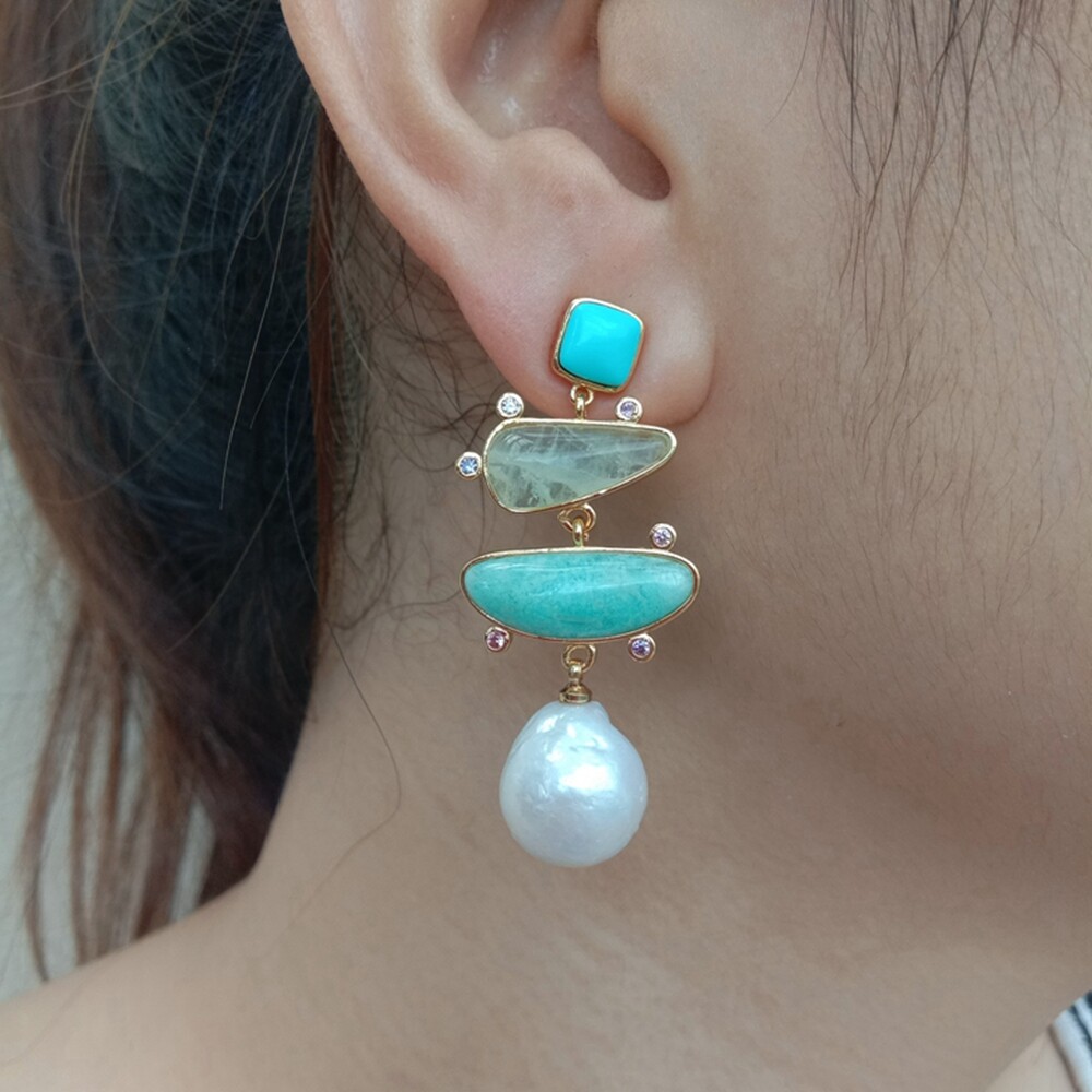 Freshwater White Pearl Blue Turquoise Green Amazonite Dangle Stud Earrings