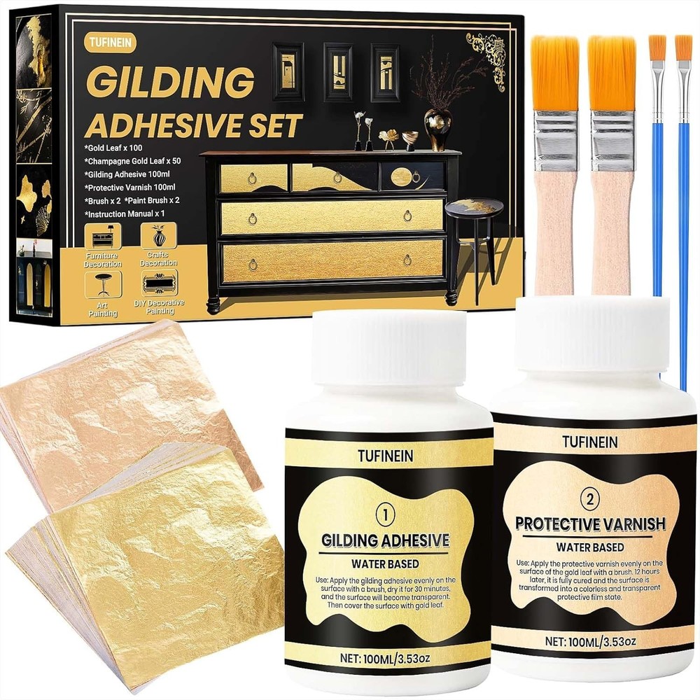 Versatile Gold Leaf Gilding Kit, 100ml Water-Based Adhesive & Tools Included