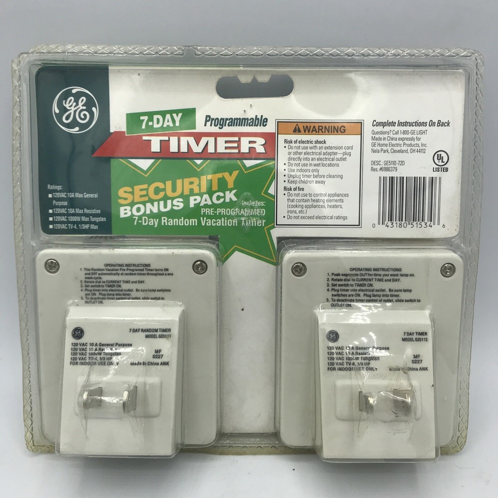 2 GE Security 7 Day Timer Programmable 13 Settings/Day & Vacation Pre-programmed