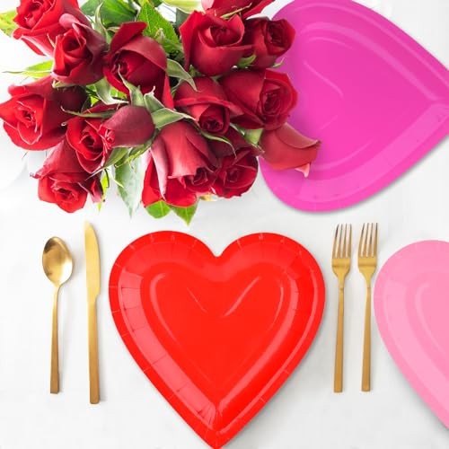 48Pcs Heart Shaped Paper Plates Set - Romantic Red Heart Tableware for