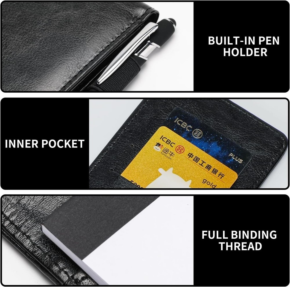 10 Pack Small Notepad Holder 3x5 Pocket Notebook with Pen Black Plain Leather PU