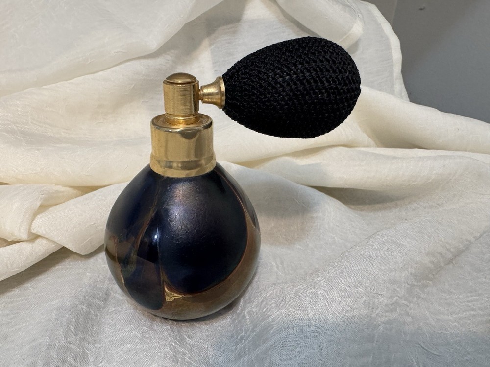 Studio Iridized Blown Glass Perfume Bottle w/Black Puffer Artist Signed & Dated