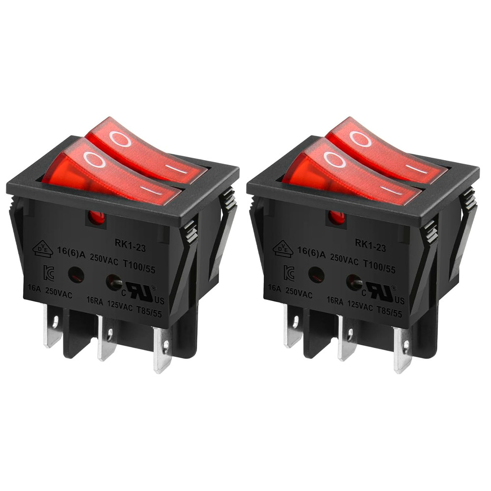 Double Rocker Switch SPST On-Off 6 Terminals Red Light 16A 250VAC 2Pack