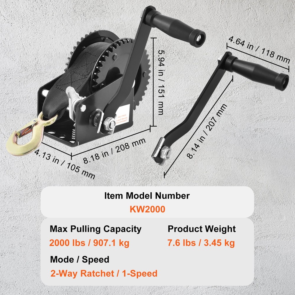 2000lbs Hand Winch Heavy Duty Hand Crank 23ft Polyester Strap for Boat/ATV