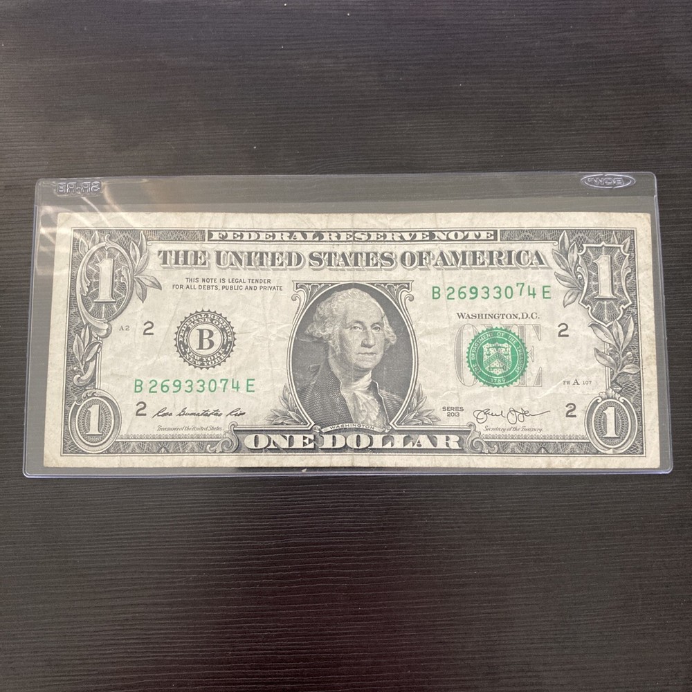 Series 2013 $1 Note Rolled/Stuck/Turned Digit Error Serial B26933074E Circulated