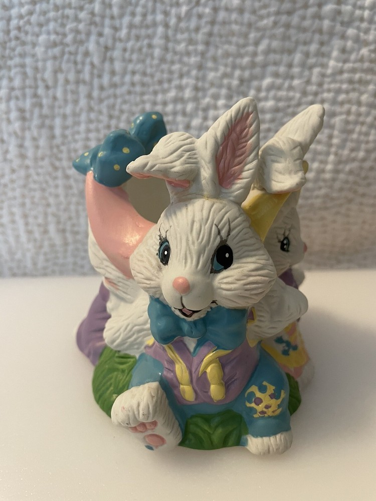 Vtg Handpainted Giftco Ceramic Easter Bunny Faces Candy Flower Holder Decor