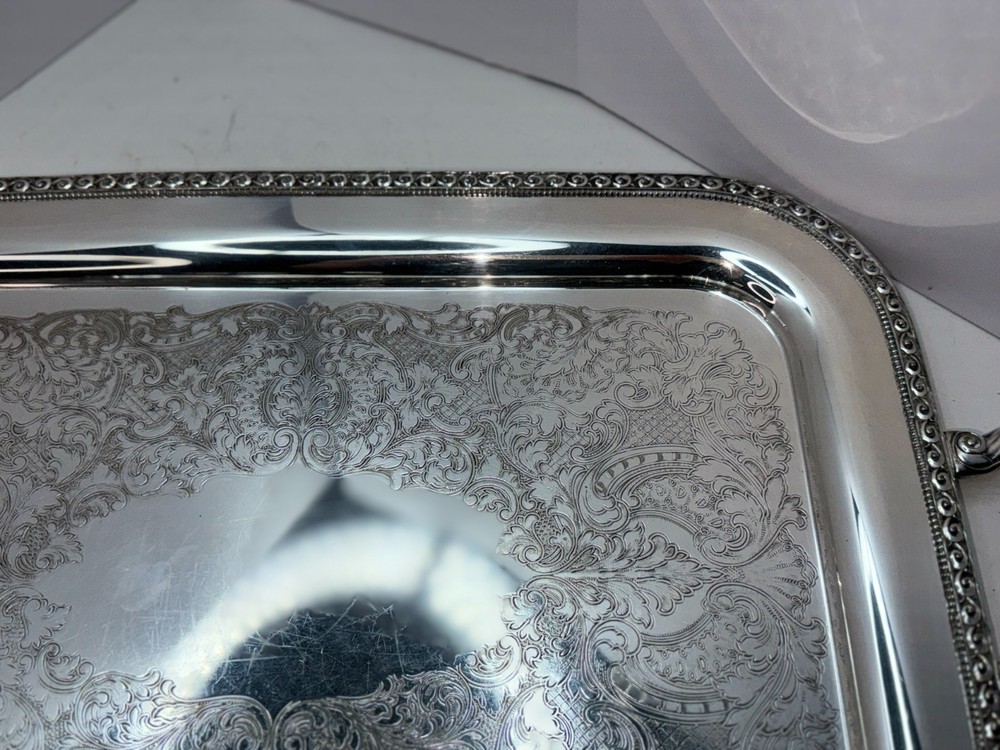 Oneida Rectangular Silver Plate serving Tray W/ Handles Lakewood Tudor Plate