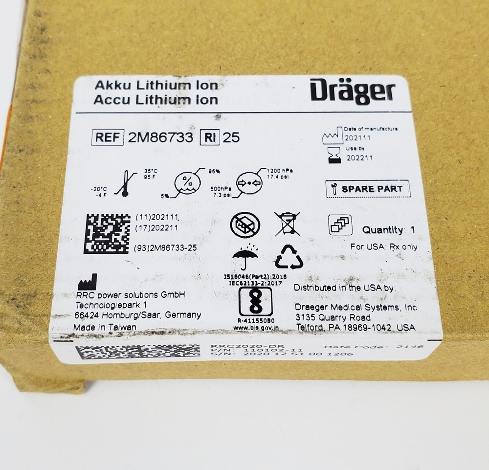 Drager 2M86733 Lithium Ion Battery, New!