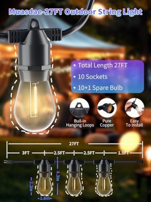 2 Pack 27Ft Led Outdoor String Lights,Patio Lights, S14 Edison 2-Pack -27FT