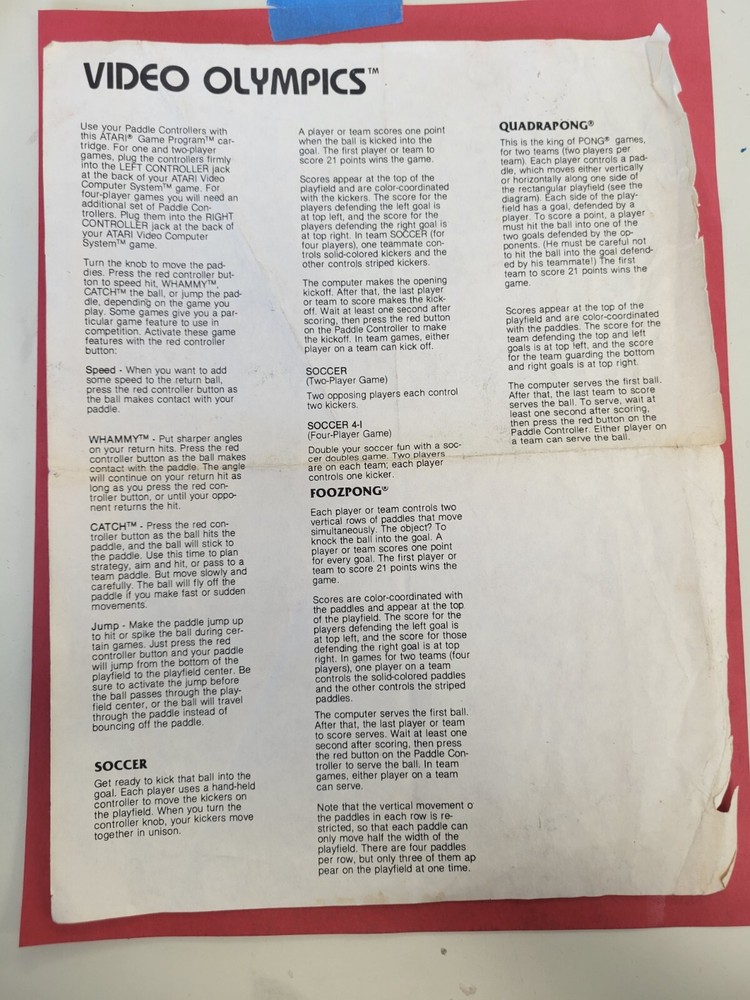 Video Olympics (Atari 2600, 1978) By Atari -paper Print Instruction Sheets