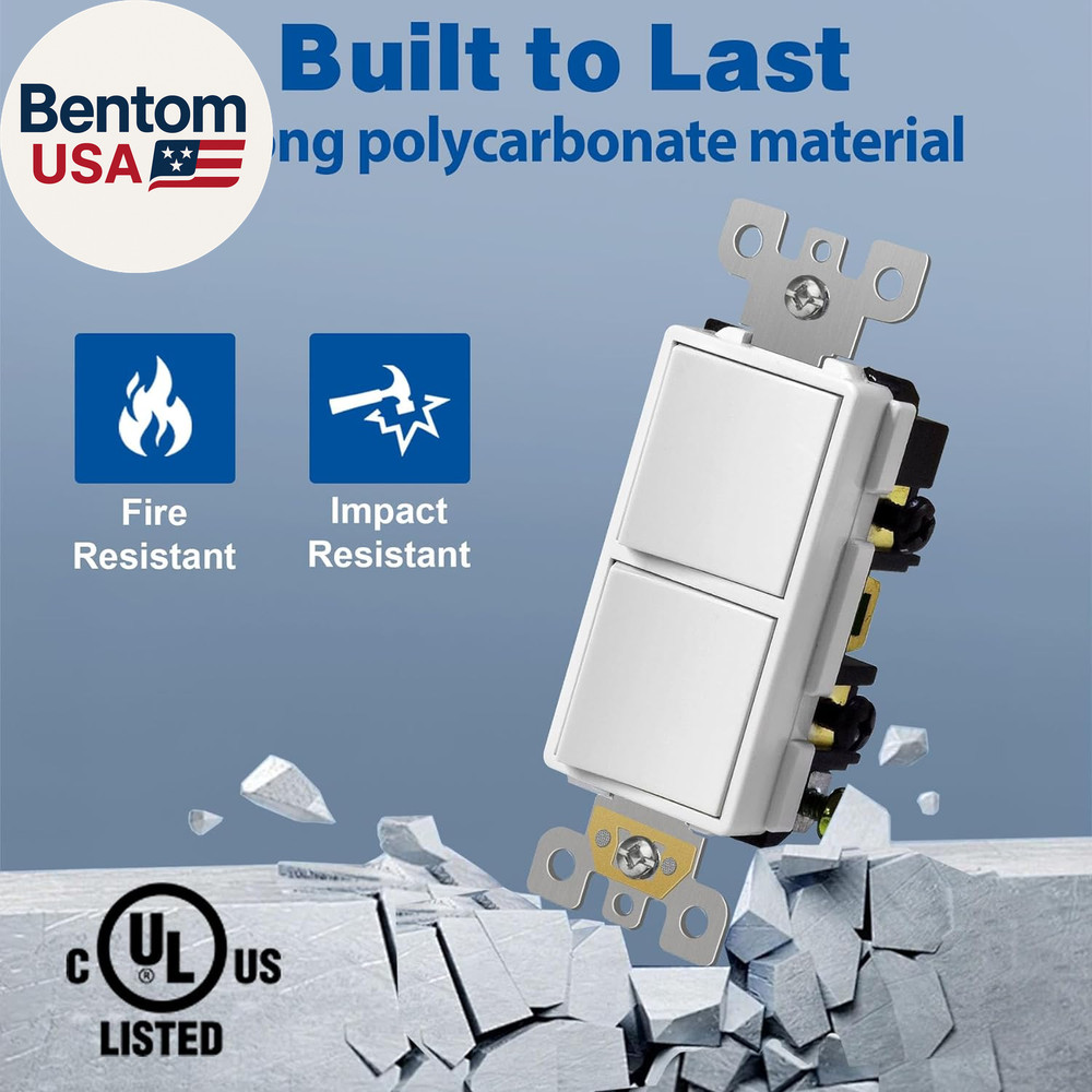 CML Double Paddle Rocker Decorator Light Switch, Single Pole Dual Self-Grounding