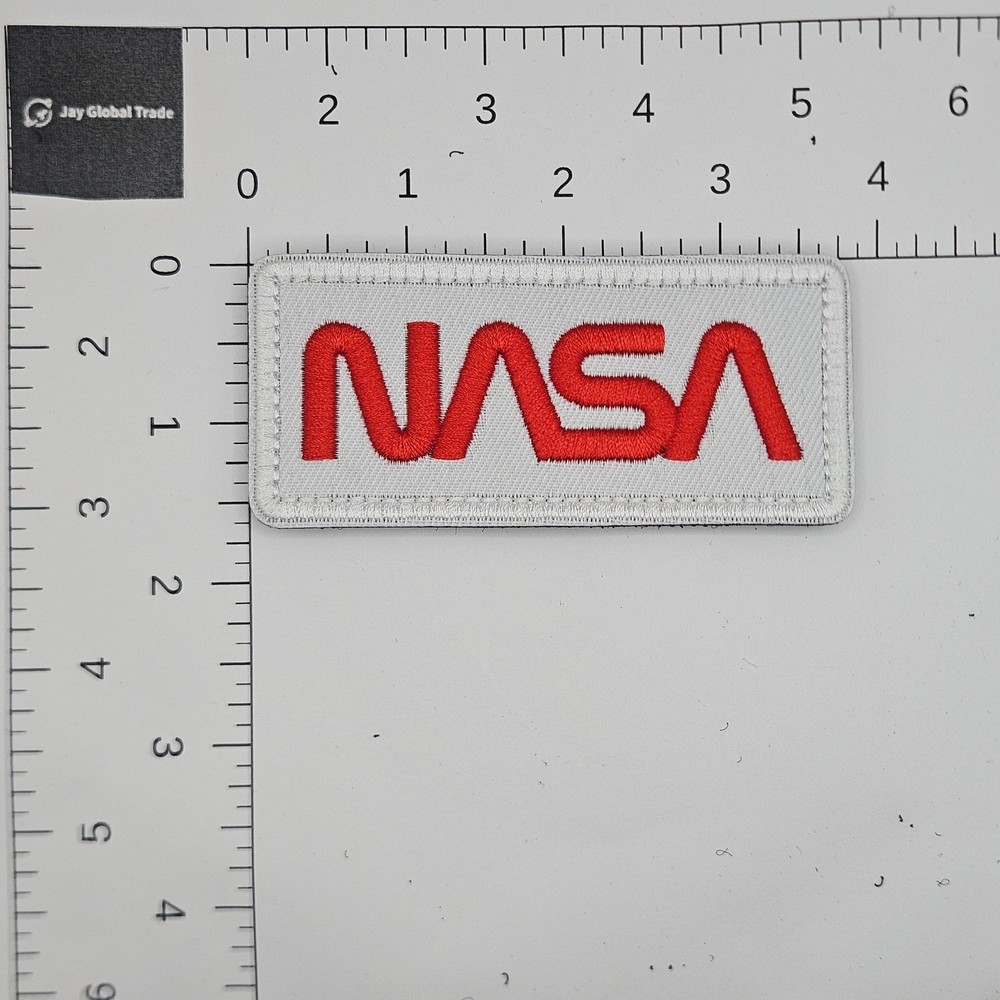 NASA Worm Logo Embroidered Patch White Red Hook and Loop Backing Retro Space