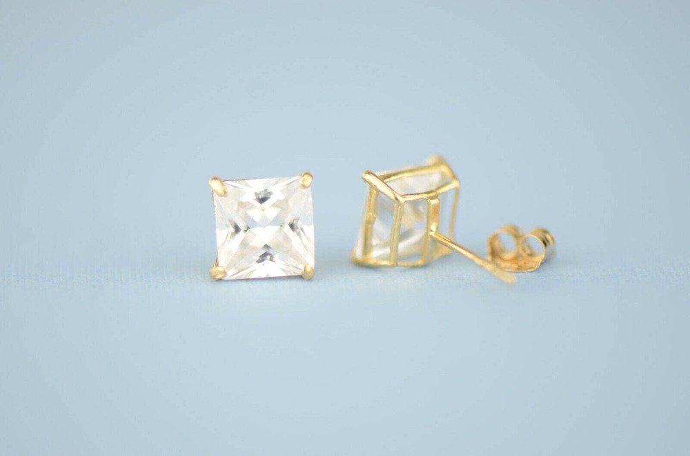14k solid yellow gold square clear CZ basket set stud earrings 3mm-10mm