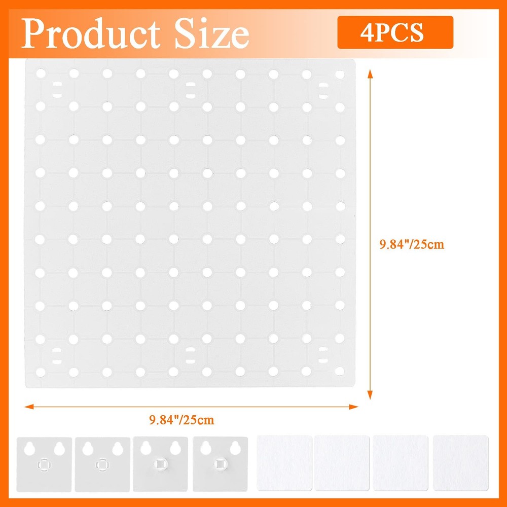 4 PCS White Pegboard Wall Organizer, Self-Adhesive Peg Board Wall Panel Kits ...